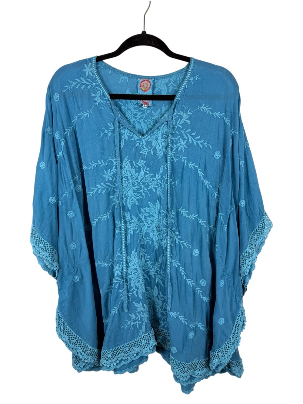 Johnny Was Blue Embroidered Lace Trim Poncho Top Sz 3X